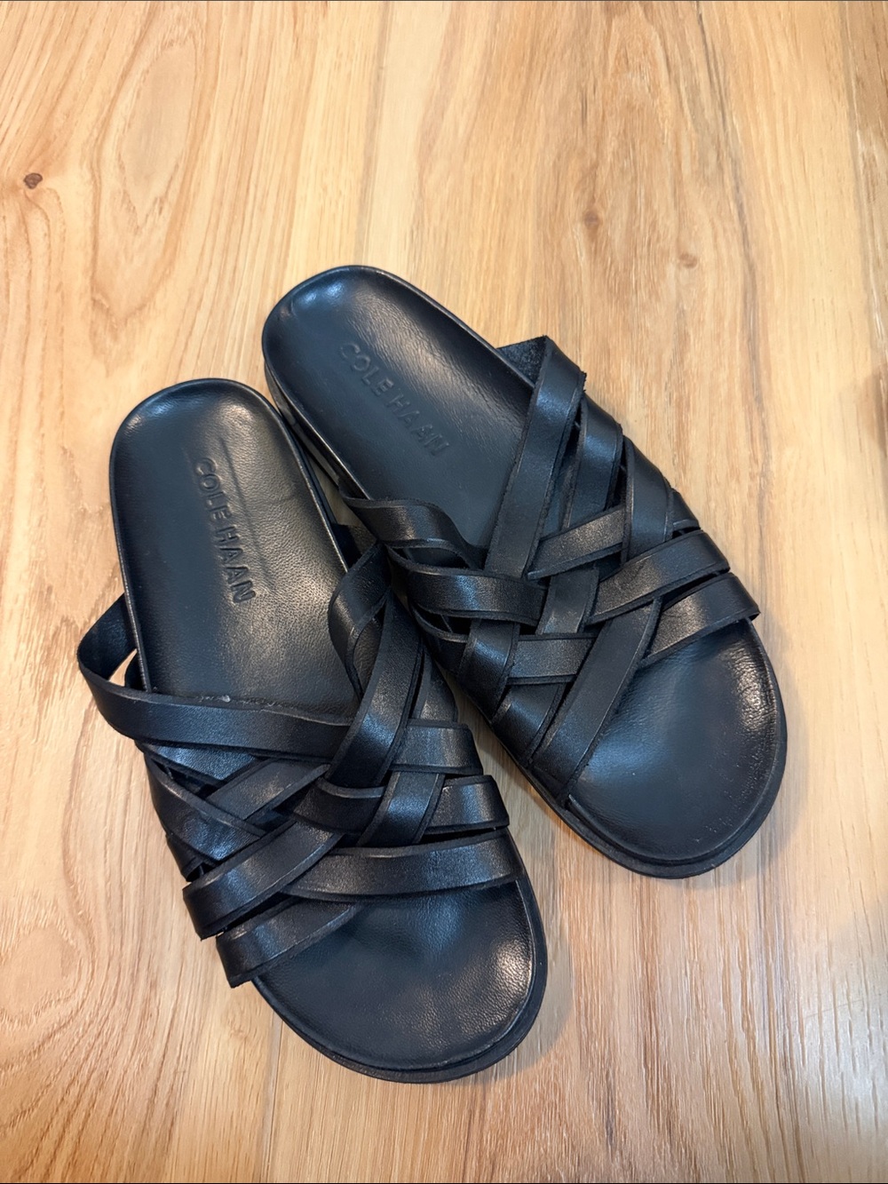 Cole Haan LEATHER Black Woven Slide Sandals with Crisscross Straps